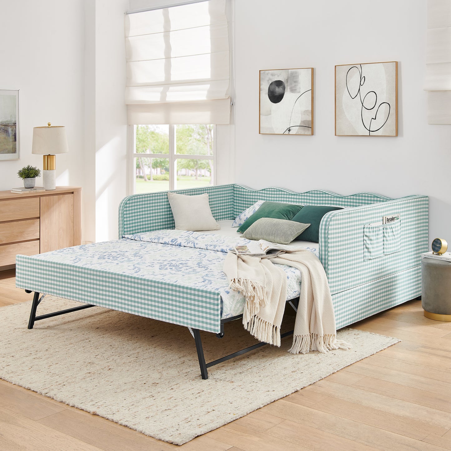 Full-Size Gingham Upholstered Daybed with Pull-Out Trundle & Storage - Cyan