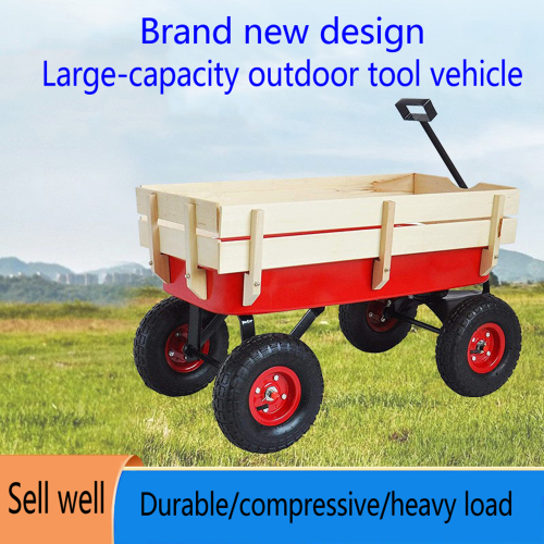 All Terrain Garden Wagon with Wood Railing and Air Tires for Outdoor Use