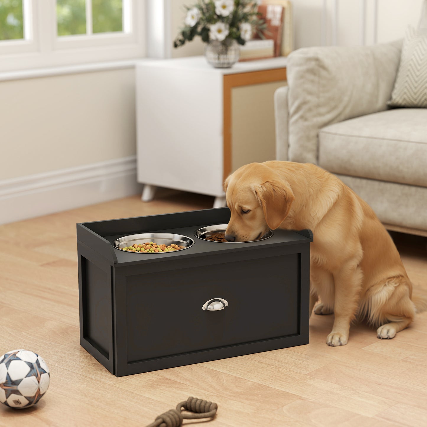 Elevated Dog Feeding Station with Storage - Large Size Black Pet Bowl Set