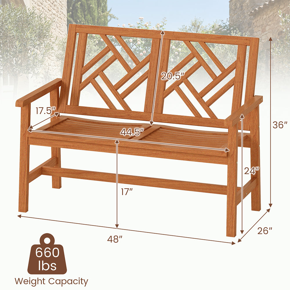 Outdoor Bench Wood 2-Person Patio Loveseat Chair With Geometric