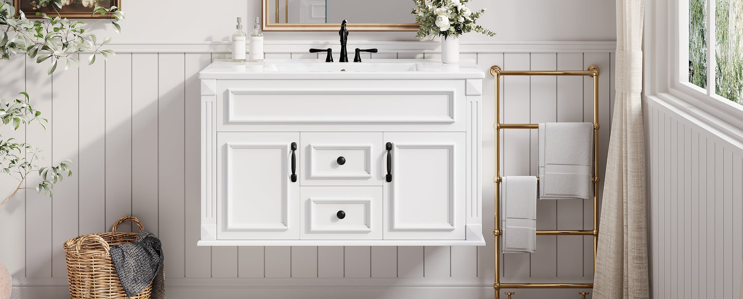 36-Inch Wall-Mounted Bathroom Vanity with Ceramic Sink - White