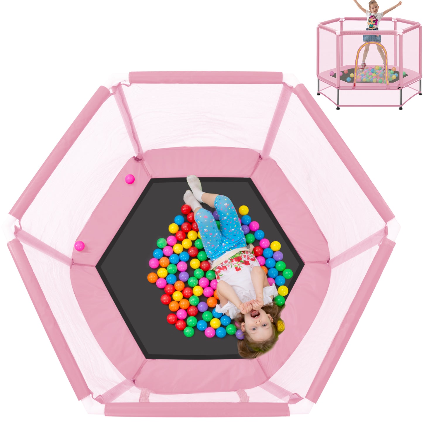 55 Toddlers Trampoline With Safety Enclosure Net And Balls, Indoor