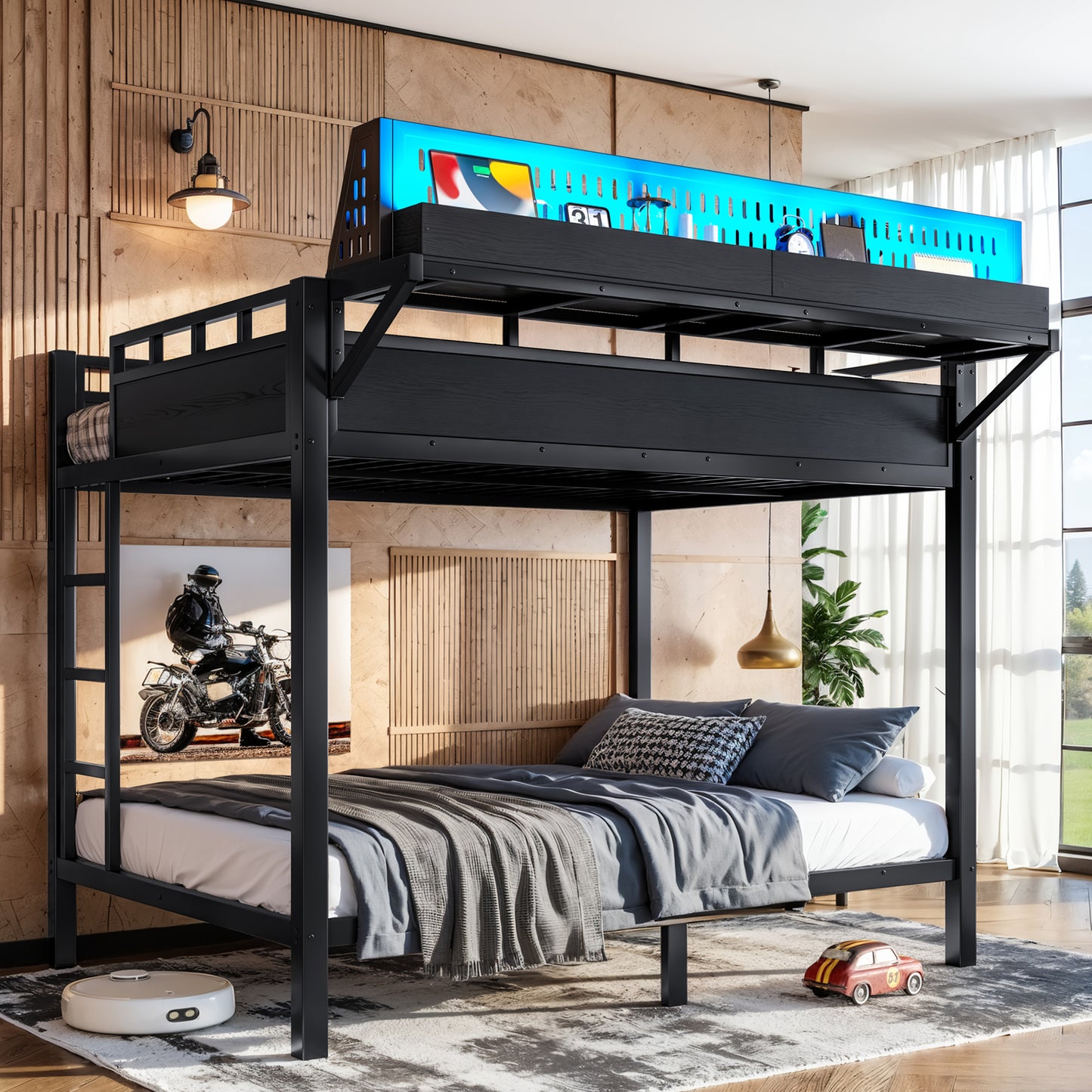 Full Over Full Metal Bunk Bed with Storage Shelves & USB Ports - Black