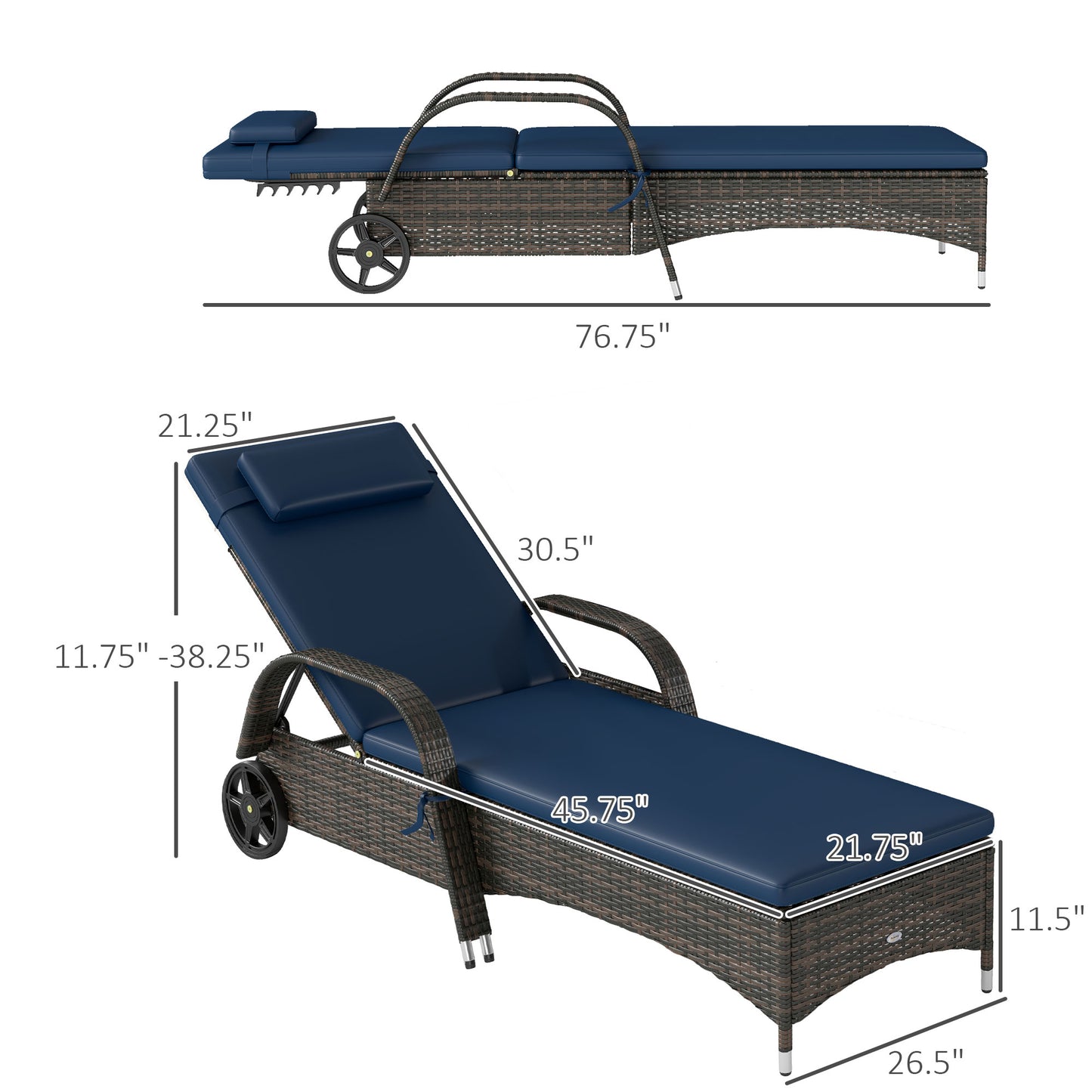 Reclining Chaise Lounge Chairs with Cushions - Dark Blue