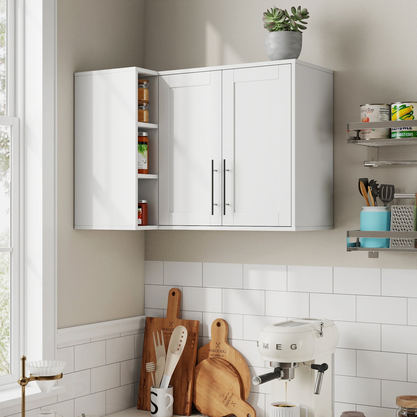 L Shape Wall Mounted Kitchen Sideboard Cabinet - White