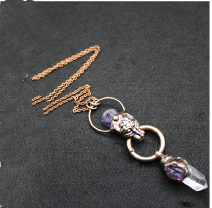 Exaggerated Bull Head Necklace Pendant with Amethyst Crystal - Unisex Jewelry