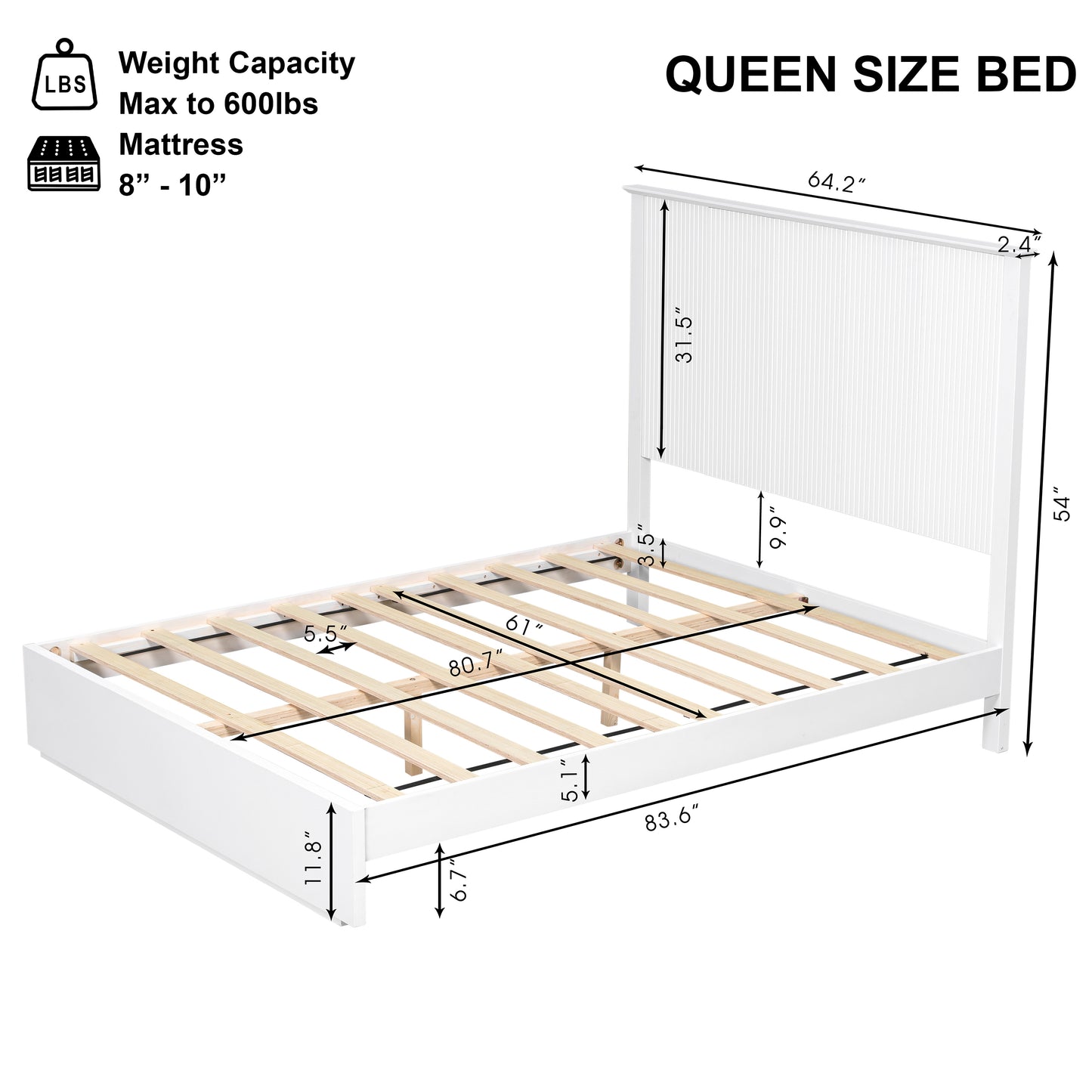 Stylish Queen Size Bed Frame - White Solid Wood, 600lbs Capacity