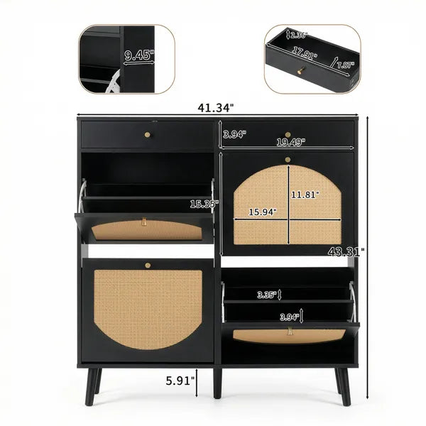Black Rattan-Front Shoe Cabinet with 2 Drawers and 4 Flip-Down Compartments