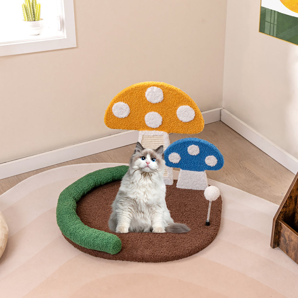 Multicolor Mushroom Cat Bed with Scratcher and Swinging Toy - Cozy Cat Tree