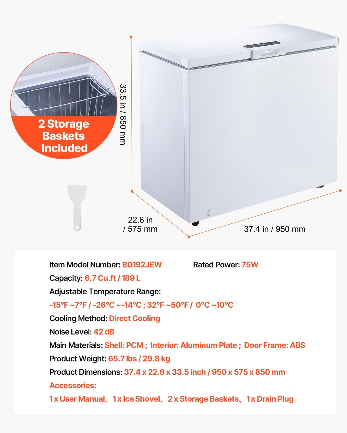 Chest Freezer 6.7 Cu.ft Compact Deep Freezer with Baskets & Adjustable Thermostat