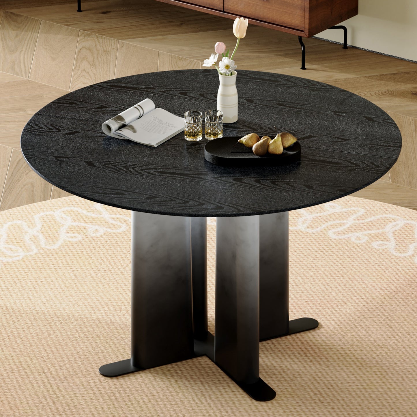 Round Black Wood Grain MDF Dining Table, & White Gradient Legs With