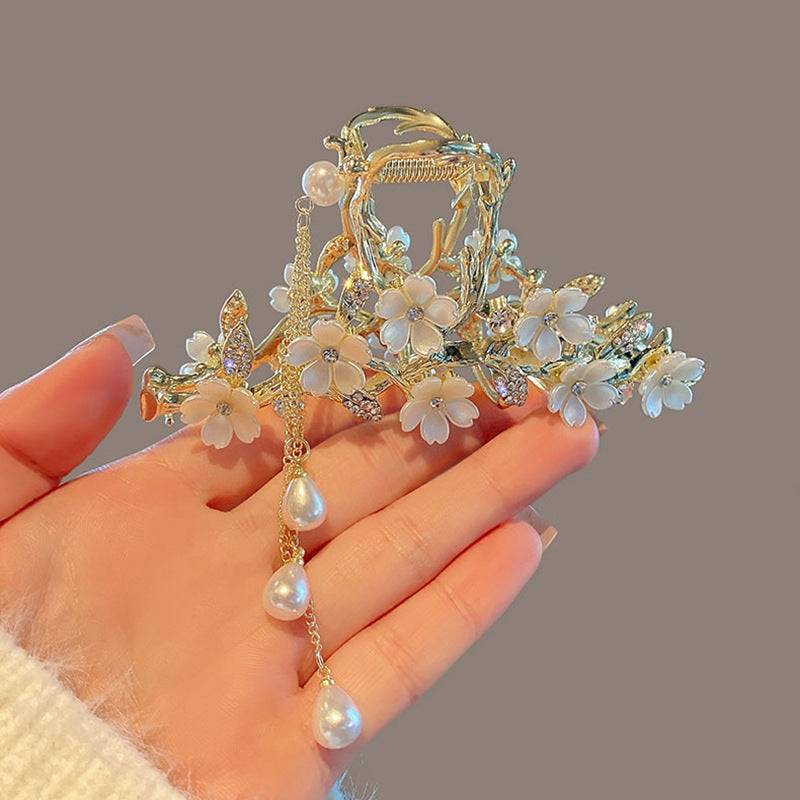 Large Metal Pearl Bell Orchid Tassel Hair Clip - Rhinestone Claw Grip