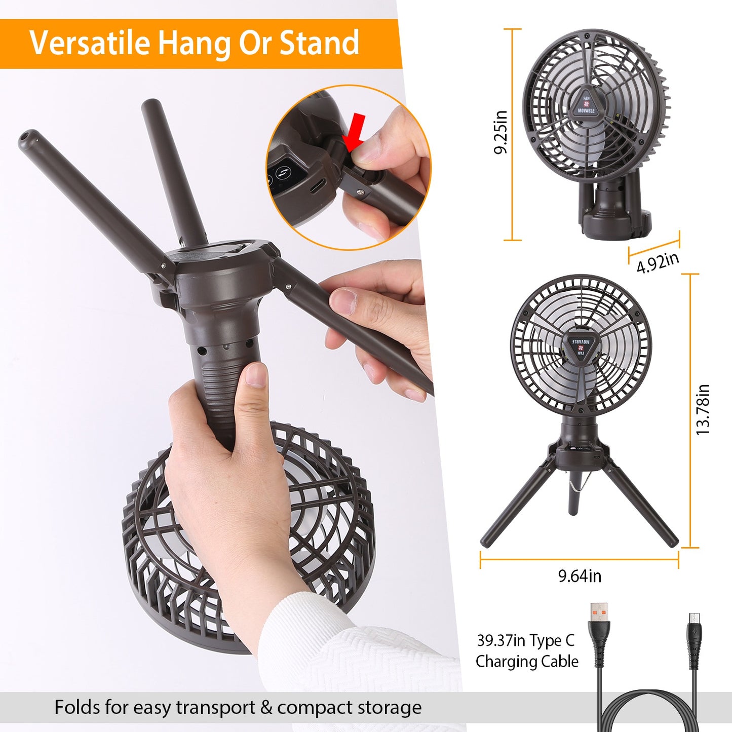 10400mAh Portable Camping Fan with LED Light - Black
