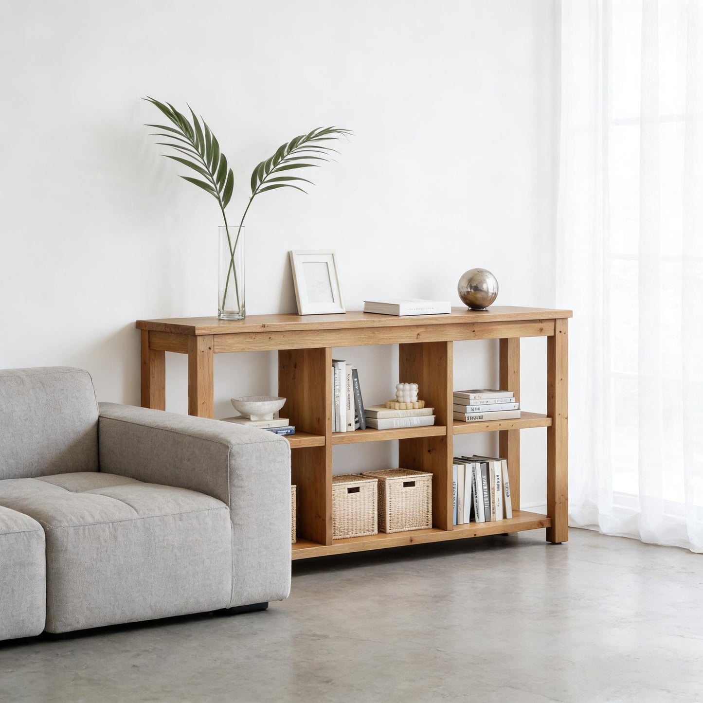 Modern Solid Wood Console Table with Adjustable Shelves - Brown
