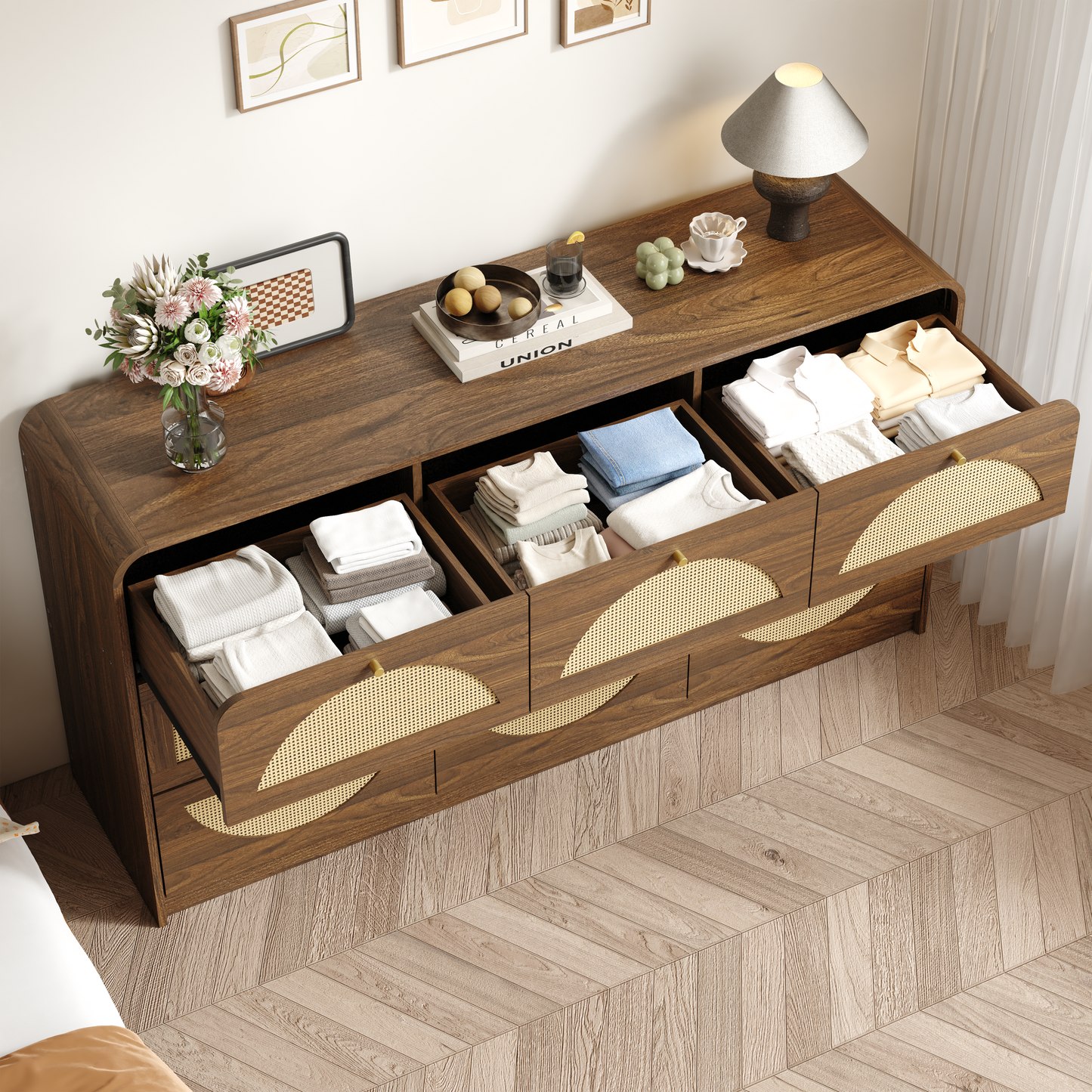 Modern 9-Drawer Dresser with Rattan Front - Walnut Finish
