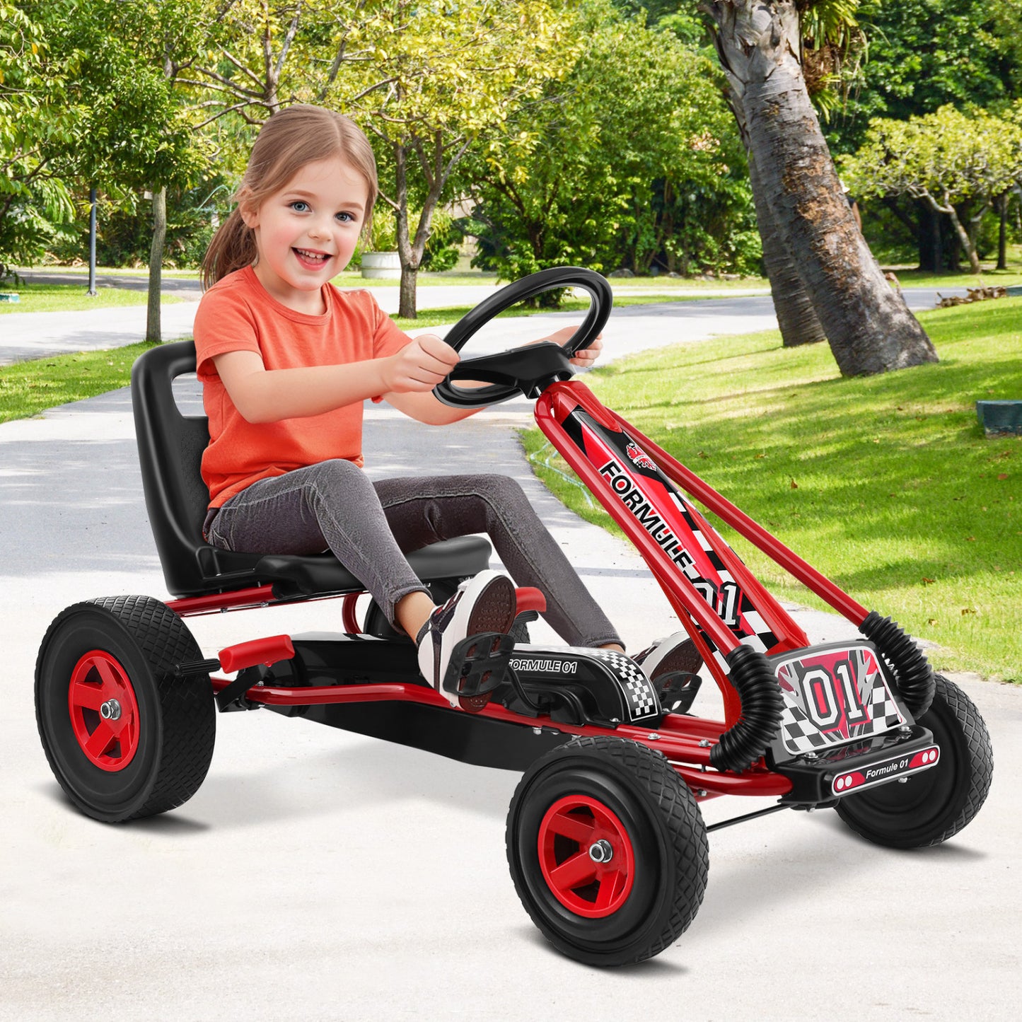 Kids Pedal Powered Go Kart - 4 Wheels Outdoor Racer Toy - Red