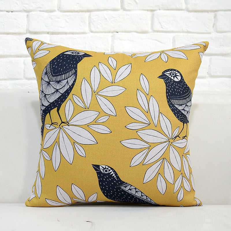 Vintage Style Cotton Linen Pillow Cover with Floral Bird Pattern - Square Cushion Case