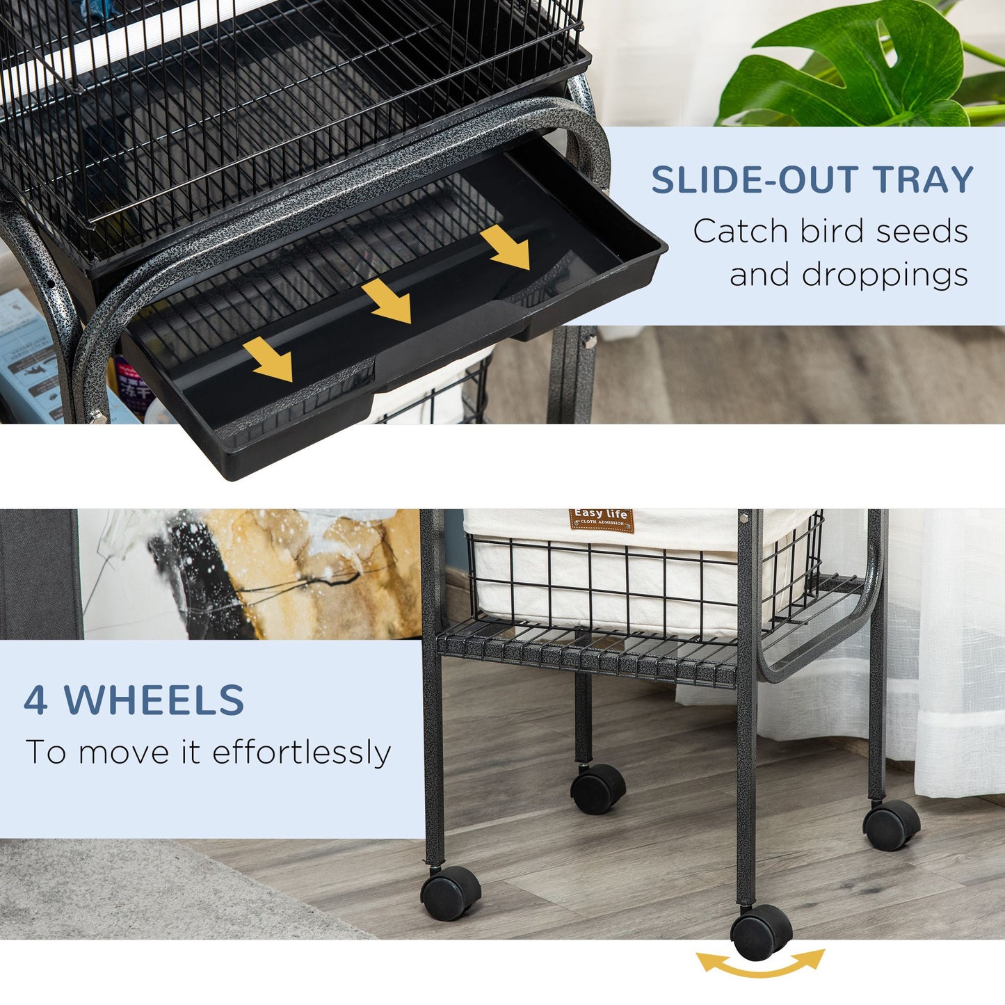 45-Inch Metal Bird Cage with Wheels & Storage Basket, Black Parrot Aviary