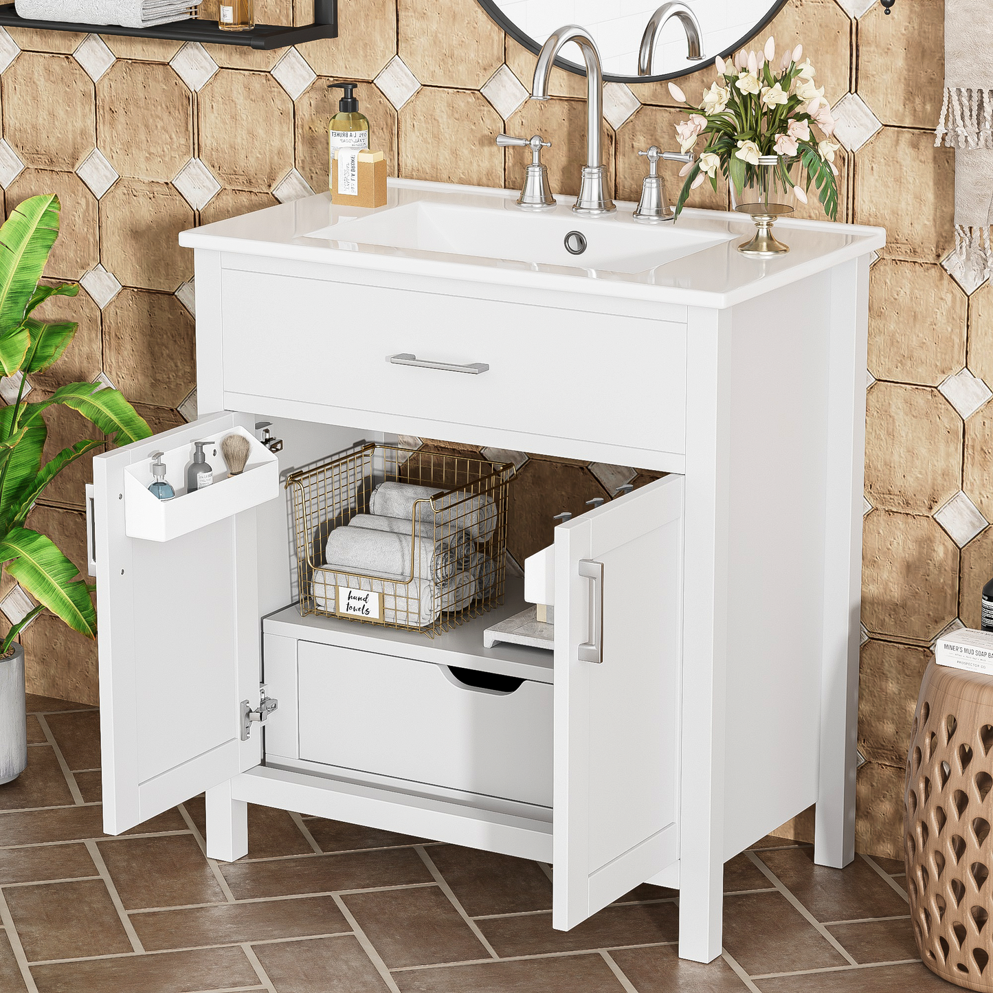 30-Inch Bathroom Vanity with Ceramic Sink & Ample Storage - White