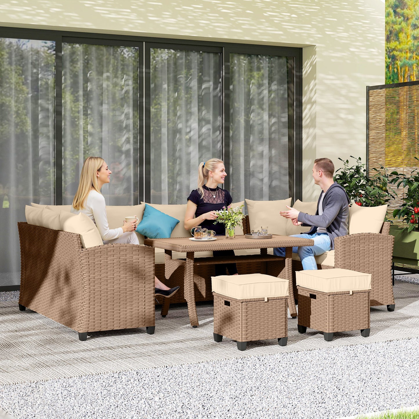 6-Piece Outdoor Furniture Set with Sectional Sofa and Dining Table - Khaki