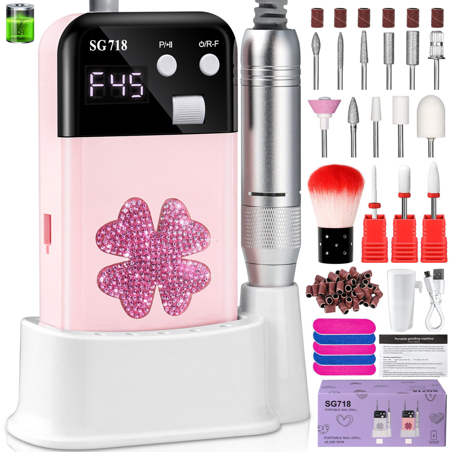 Professional Rechargeable Nail Drill 45000 RPM - Electric File for Gel Nails