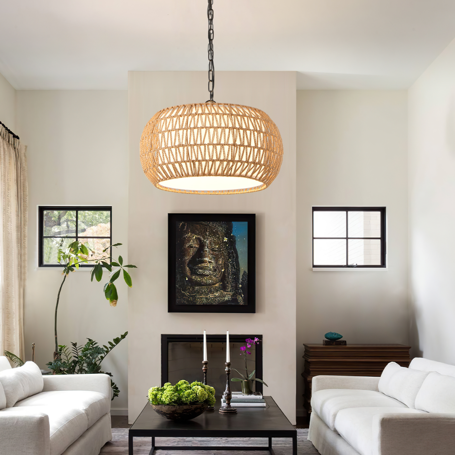 18-Inch Farmhouse Pendant Light with Adjustable Height - Boho Woven Jute Rope Ceiling Fixture, E26 Base