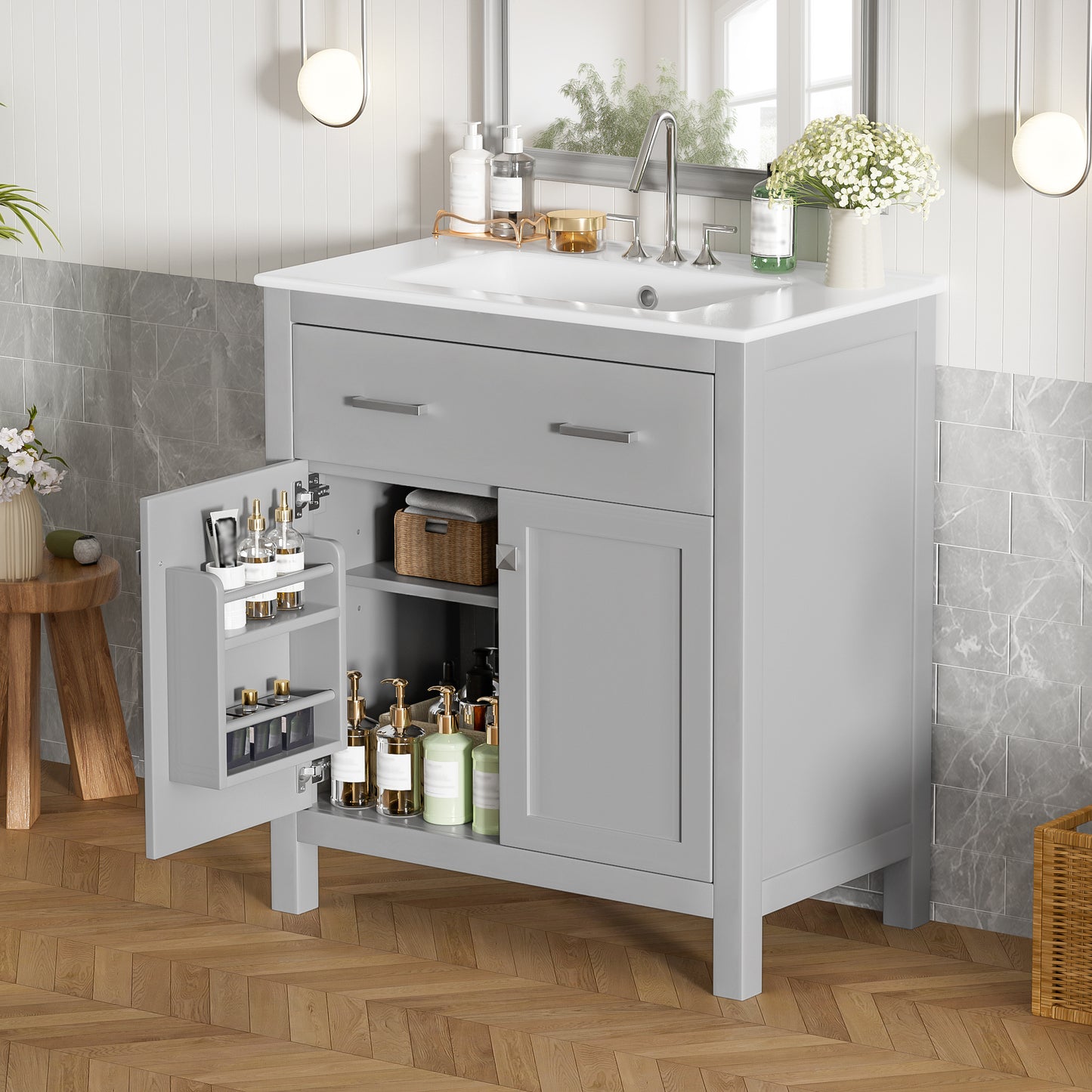 30" Gray Bathroom Vanity with Ceramic Sink & Soft Close Doors