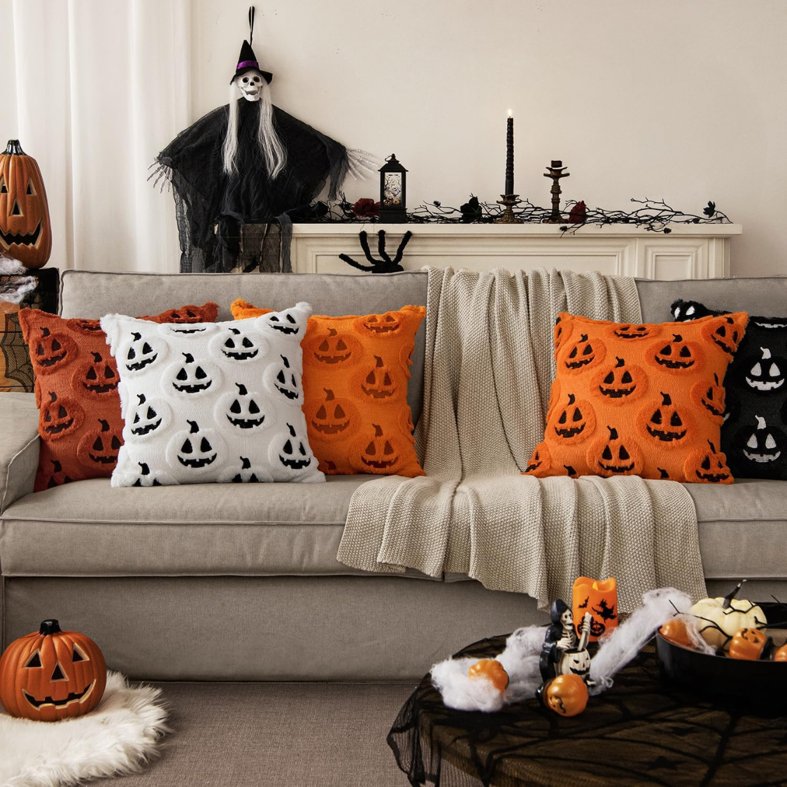 Halloween Pumpkin Throw Pillow Covers - 18x18 Orange & Black Plush