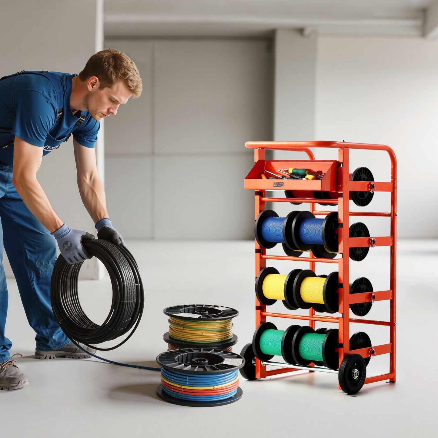 Wire Spool Rack with 11 Rods Cable Organizer Heavy Duty Storage Cart