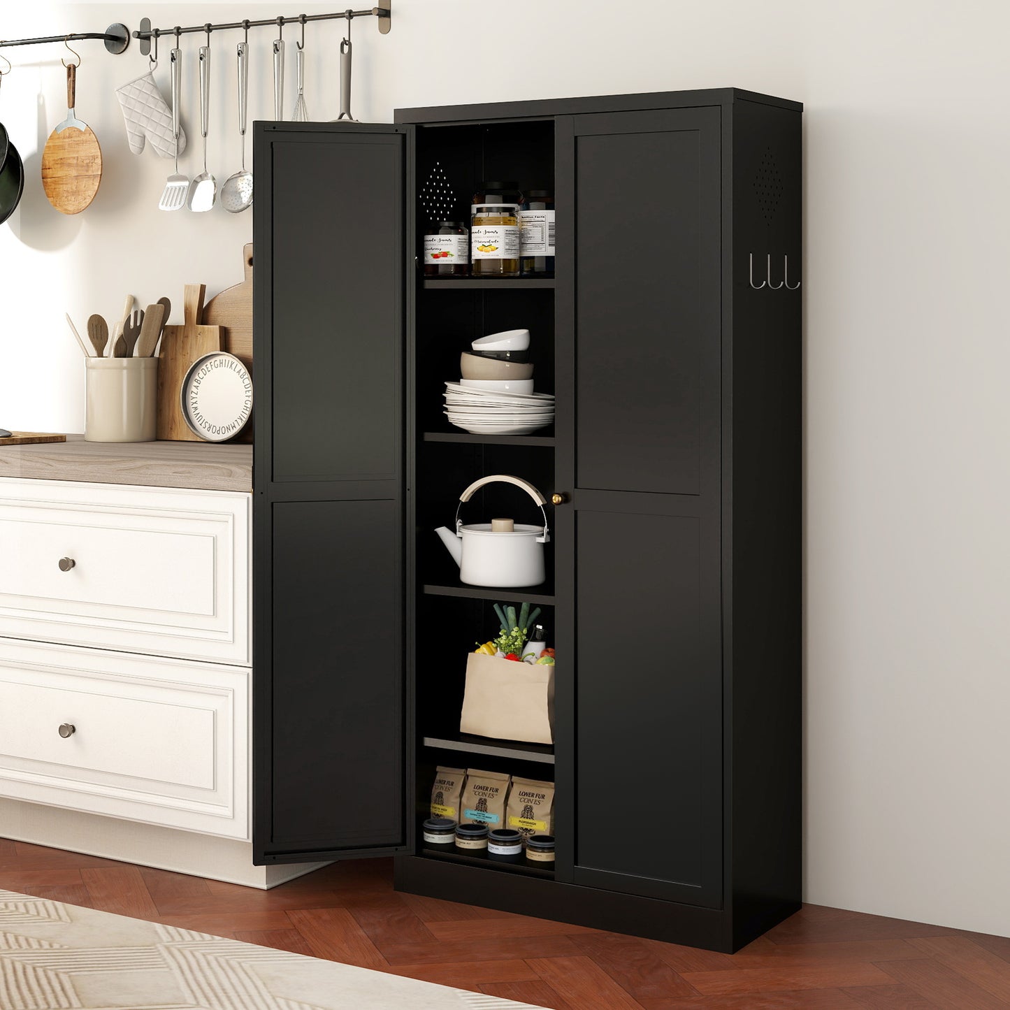 61 Black Metal Kitchen Pantry Cabinet Adjustable Storage With 4