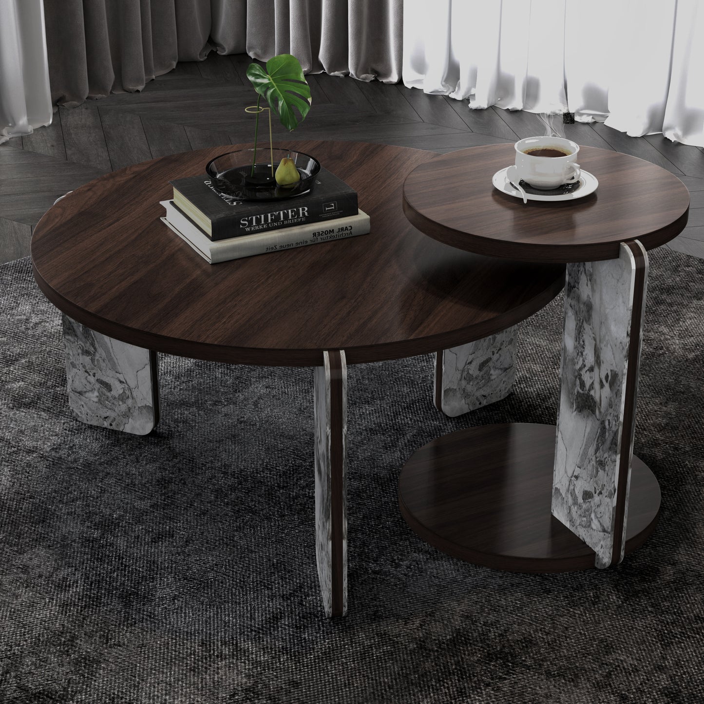 Modern Coffee Table With End Set, Durable Walnut Veneered MDF 83cm