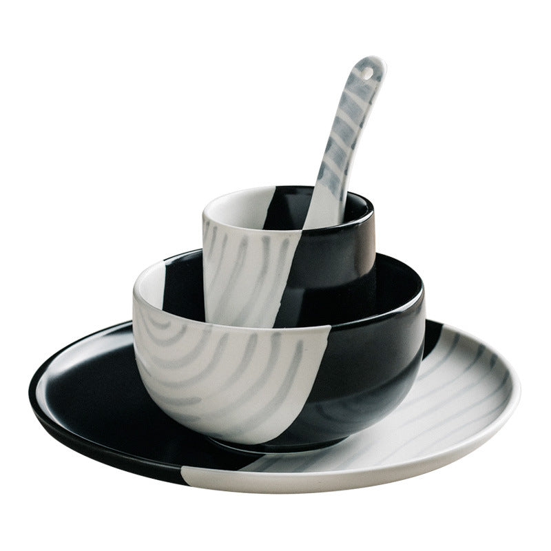 Ceramic Dinnerware Set with Bowls Cups & Spoons - Black & White