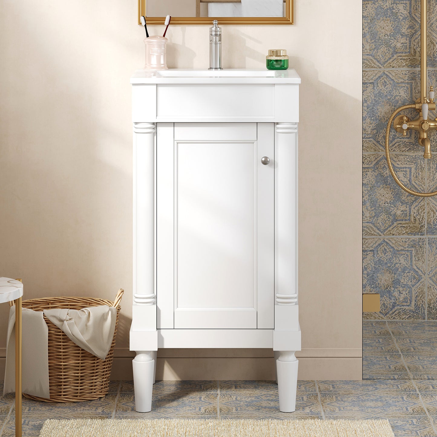 18" French Style Bathroom Cabinet with Ceramic Sink & Storage