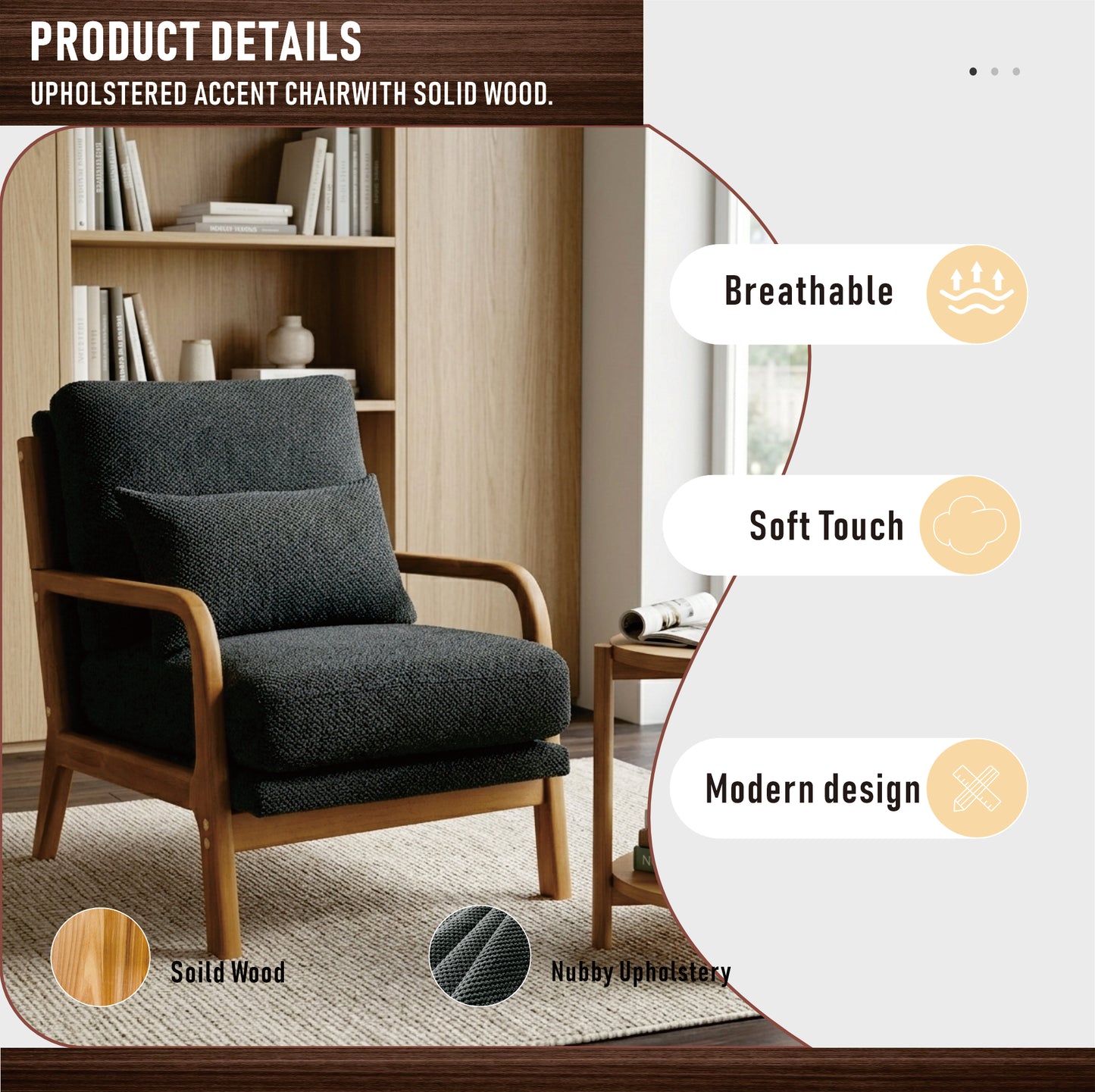 Mid-Century Modern Wooden Lounge Chair - Dark Gray Fabric