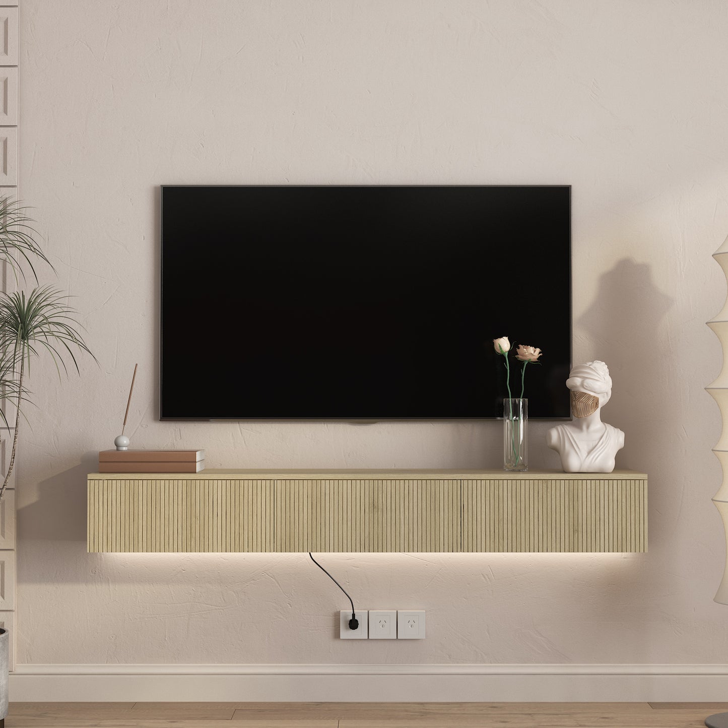 Wall-Mounted Floating TV Stand with 16 Color LEDs - 65 Inch