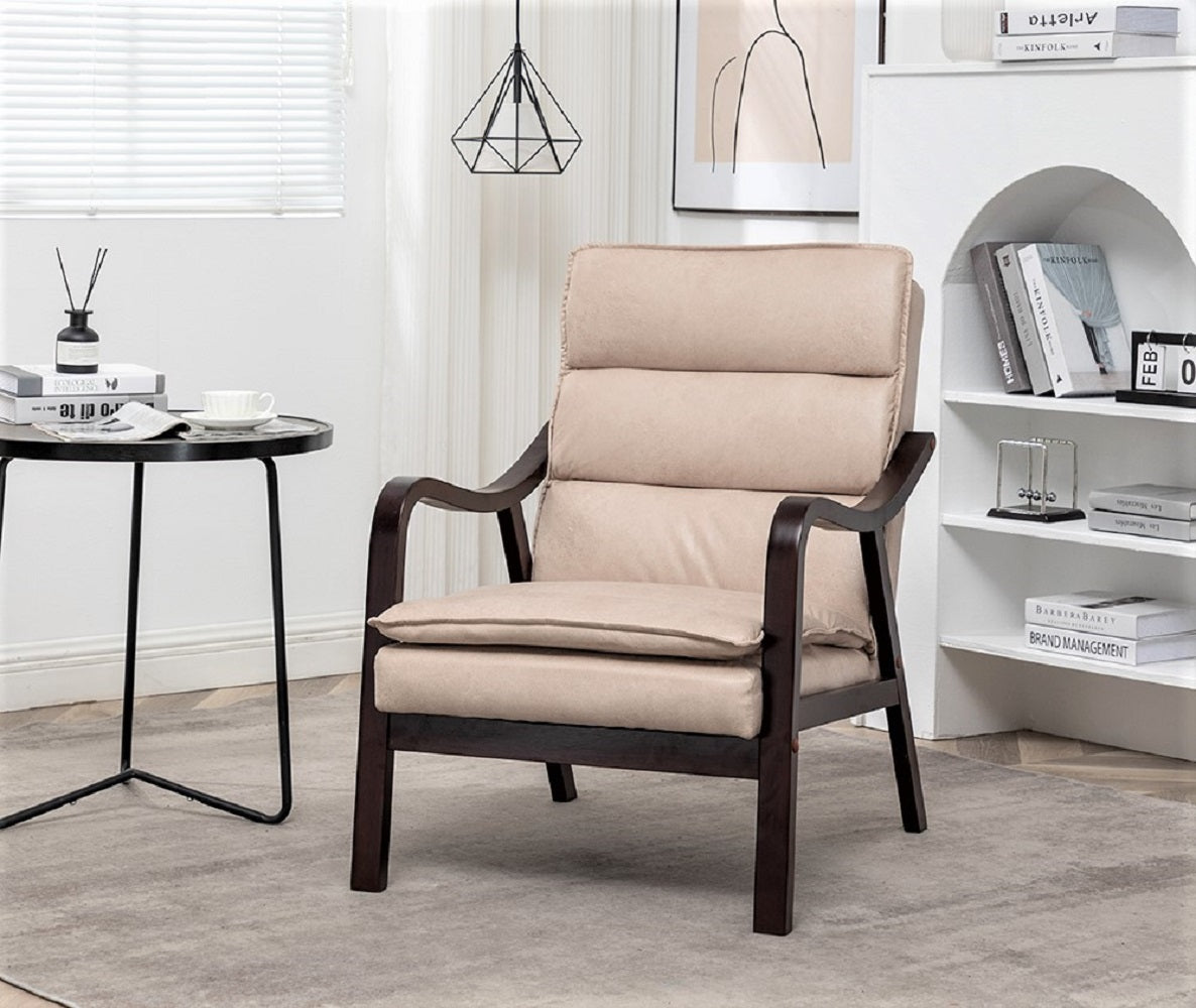 Mid-Century Modern Light Accent Chair With Wood Armrest, Upholstered