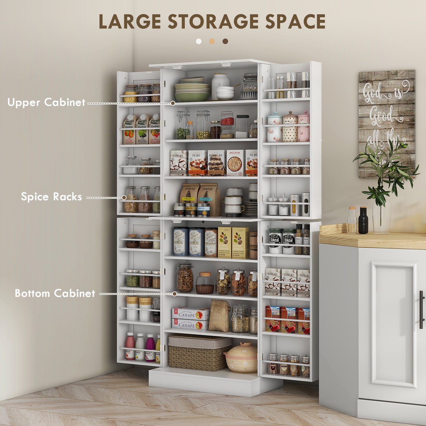 65" Kitchen Pantry Cabinet with 4 Doors and 16 Shelves - White