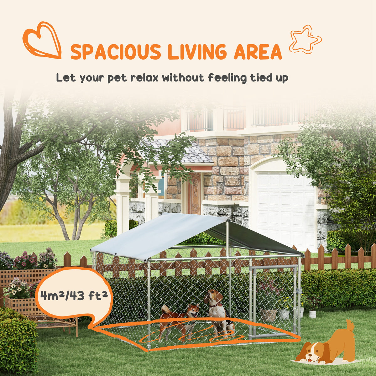 Outdoor Dog Kennel with Waterproof Roof for Small & Medium Dogs - Silver, 43 sq ft