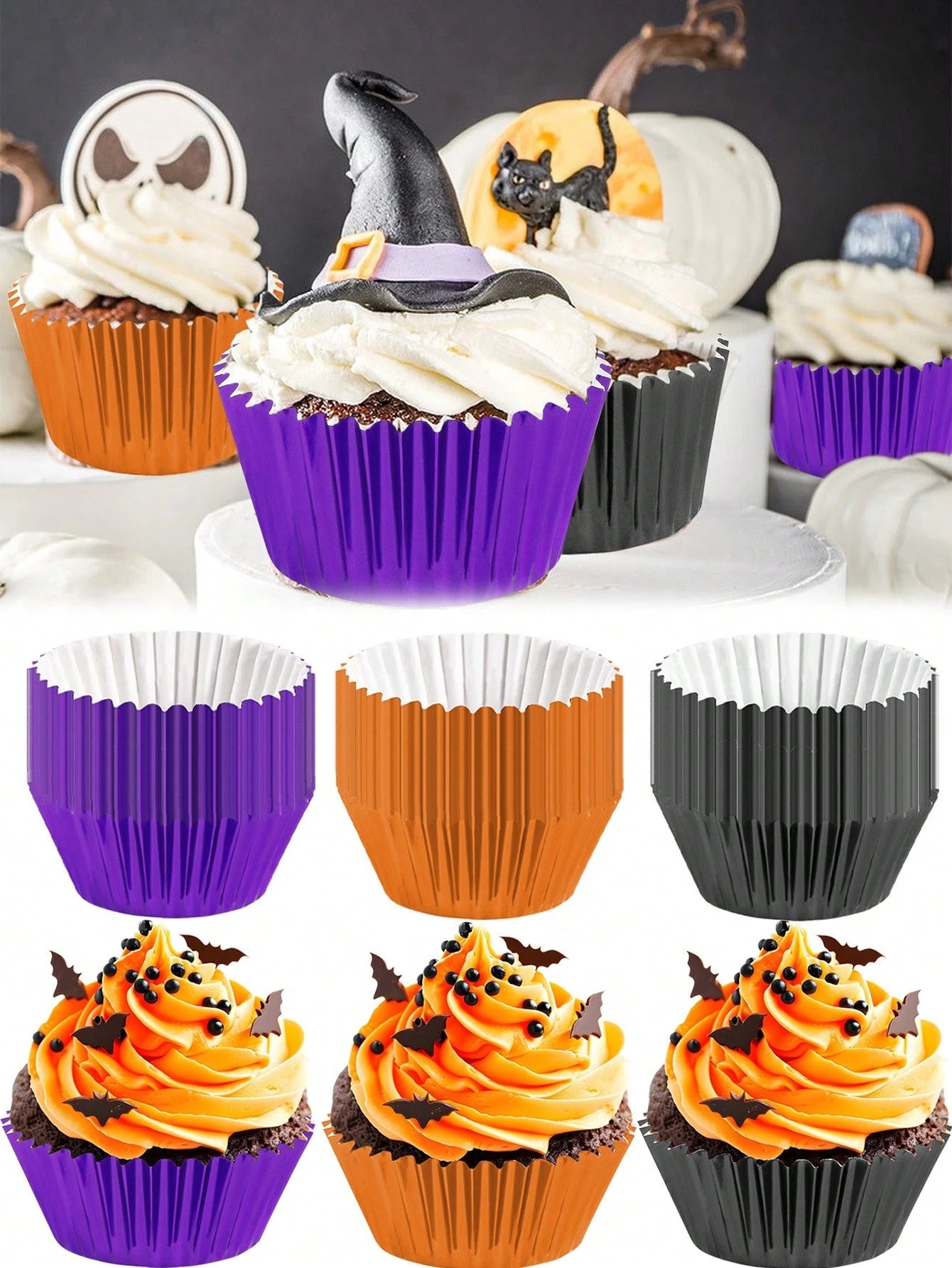 300 Pcs Halloween Foil Cupcake Liners - Black, Purple & Orange