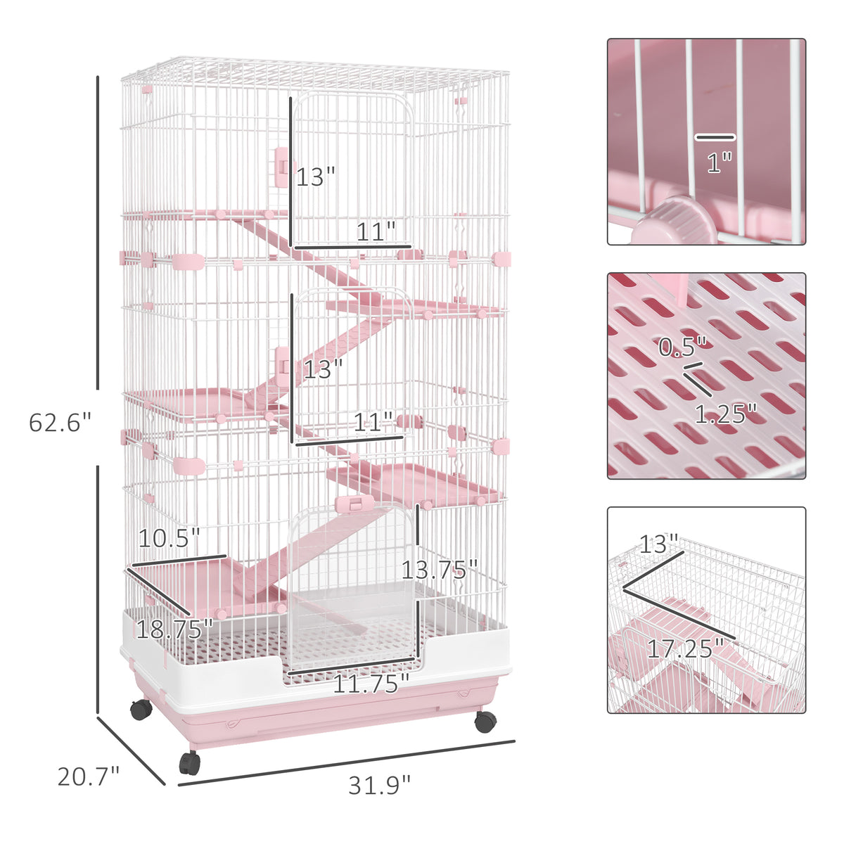Small Animal Cage 32 Inch 6-Level Bunny Hutch with Lockable Wheels & Slide-Out Tray - Pink