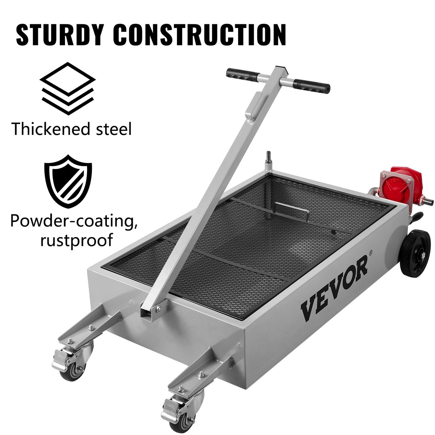 15-Gallon Oil Drain Pan with Pump and Swivel Casters - Low Profile Fluid Collector