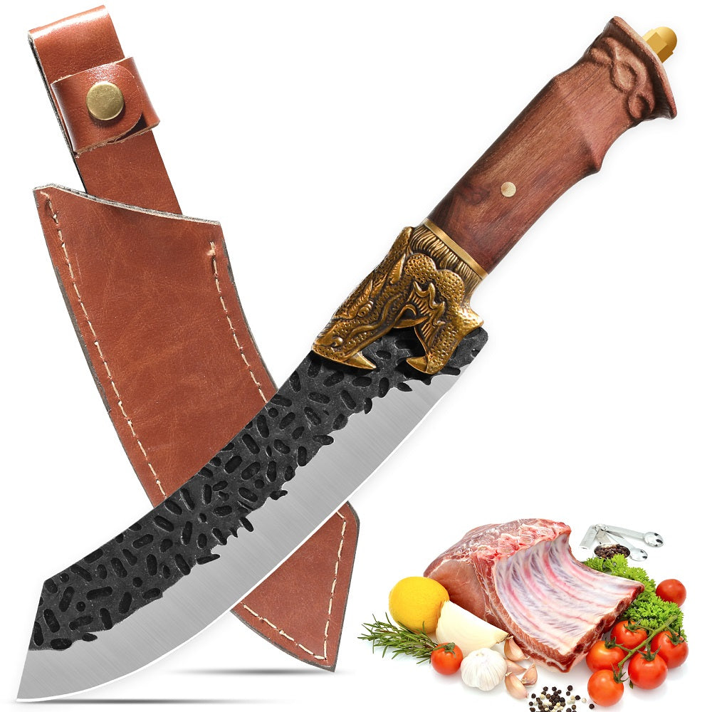 Hand Forged Camping Knife with Dragon Head Handle & Leather Sheath