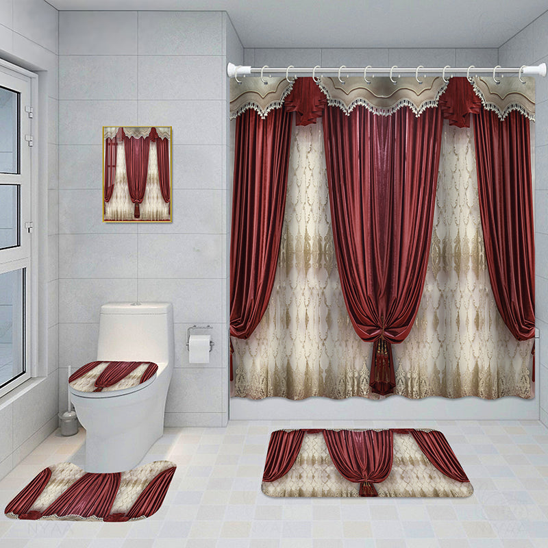 Bathroom 5-Piece Shower Curtain Set with Mat and Decorative Aluminum Frame