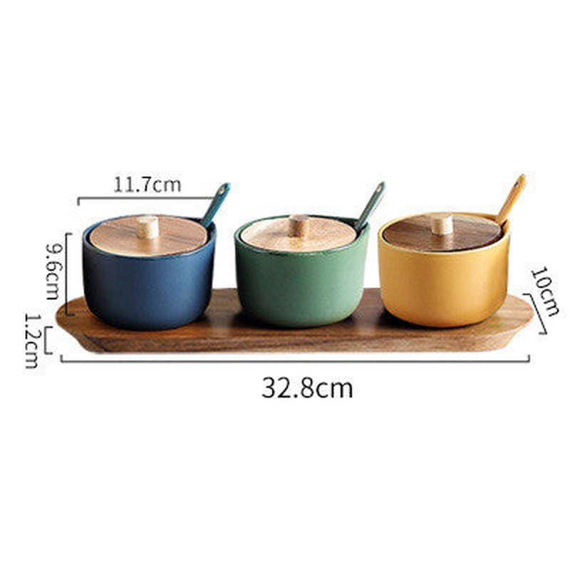 Ceramic Seasoning Jar Set with Wooden Lids and Spoons - Multiple Styles