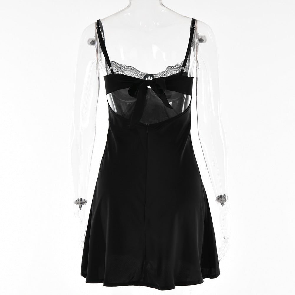 Lace Splicing Sling Short Dress with Low-Cut Design