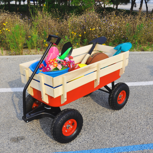 All Terrain Garden Wagon with Wood Railing and Air Tires for Outdoor Use