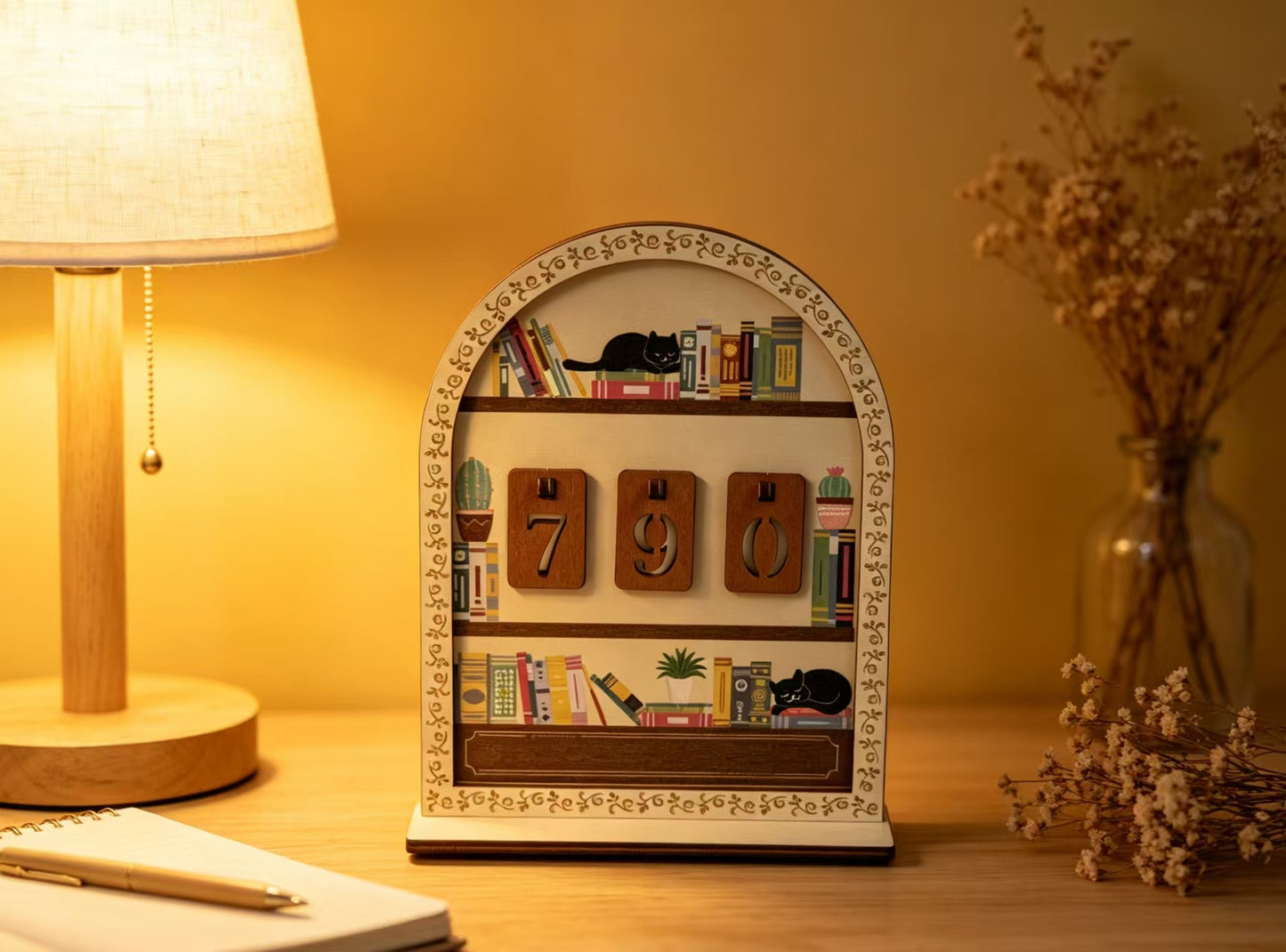 Wooden Black Cat Bookshelf Reading Tracker - Reusable Book Log & Desk Decor