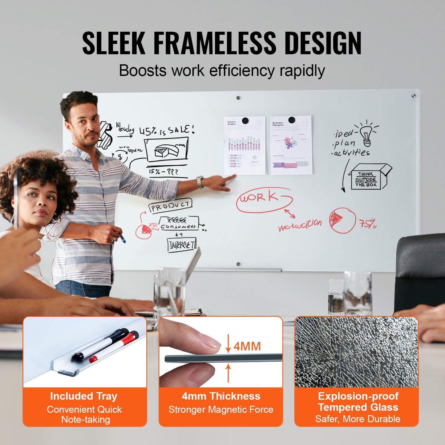 Magnetic Glass Dry Erase Board, 72"x36" Frameless Whiteboard with Marker Tray