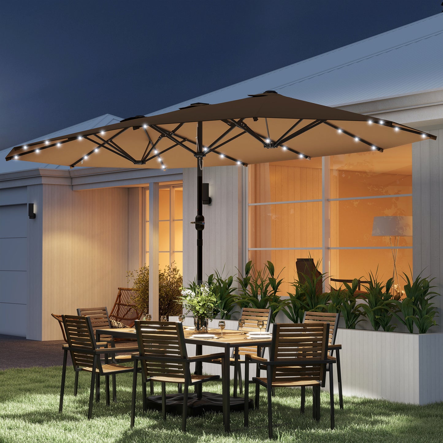 14.4 ft Double-Sided Garden Parasol with LED Solar Lights - Khaki