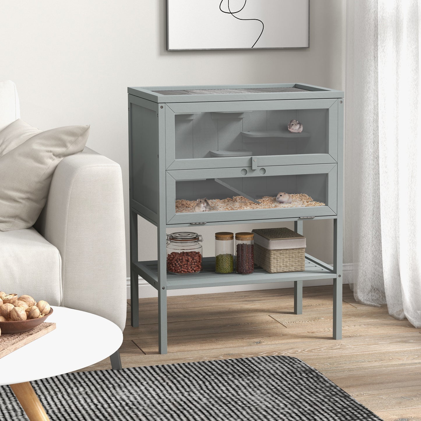 3-Tier Wooden Hamster Cage with Openable Top and Storage Shelf - Gray, 830x450x185mm